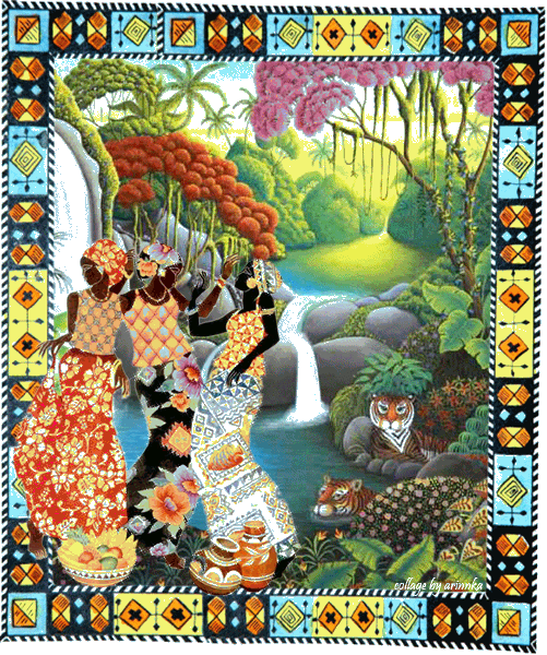 Восточные темнокожие красавицы в цветных платьях на фоне двух тигров, водопадов, джунглей, зелени