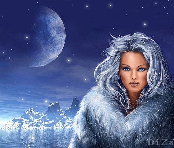  Красивая авторская анимационная картинка девушки Зима, женщина, снег, горы, море, планета от DiZa 