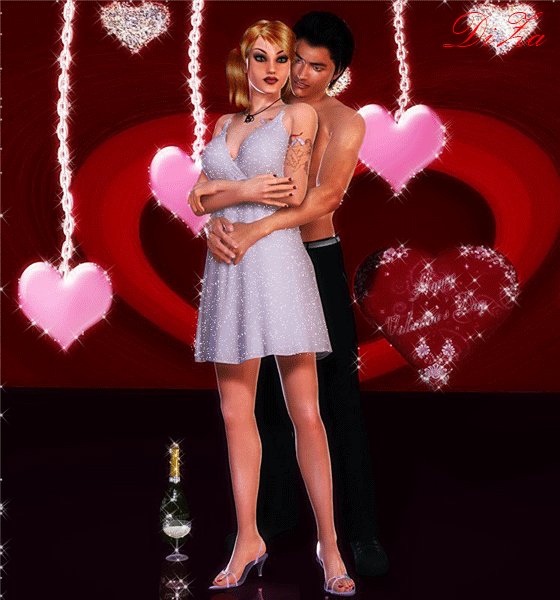  Красивая авторская анимационная картинка любовь  Девушка и парень стоят в обнимку, красные, розовые сердечки, шампанское от DiZa