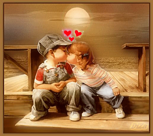  Красивая авторская анимационная картинка любовь Дети целуются, красные сердечки, море от DiZa 