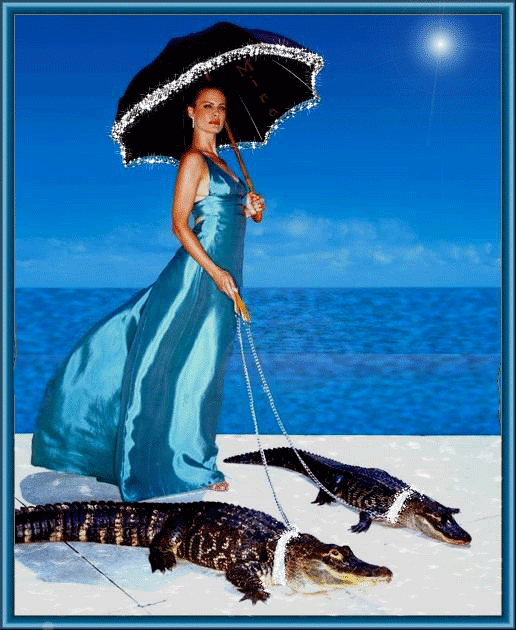
Красивая авторская анимационная картинка девушки от MIRA Женщина в атлас-ном голубом  платье и крокодилы