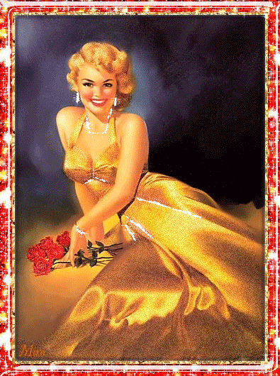
Красивая авторская анимационная картинка девушки от MIRA Блондинка в золо-том платье, алые розы
