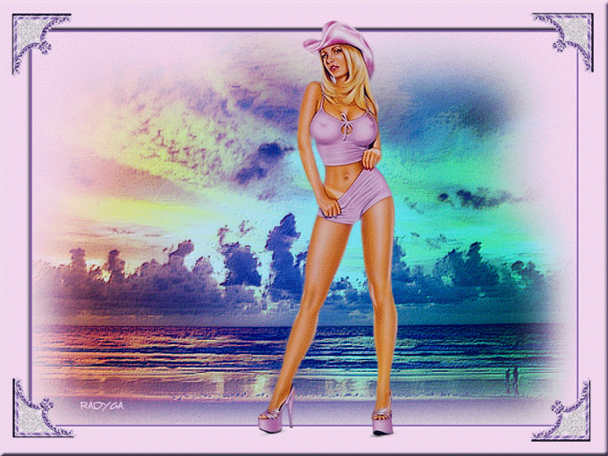  Красивая авторская анимационная картинка девушки Модельная красотка на берегу моря, закат от Radyga 