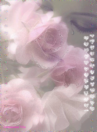 Красивая авторская анимационная картинка цветы Нежные светло-розовые розы, мерцающие сердечки, серебряный блеск от Vitali