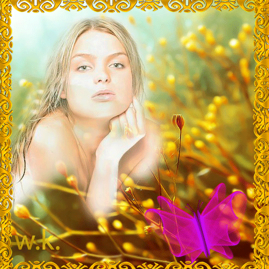  Красивая авторская анимационная картинка мультяшки Красивая девушка со светлыми волосами, голубыми глазами, фиолетовая бабочка, золотая рамка от W.K. скачать бесплатно