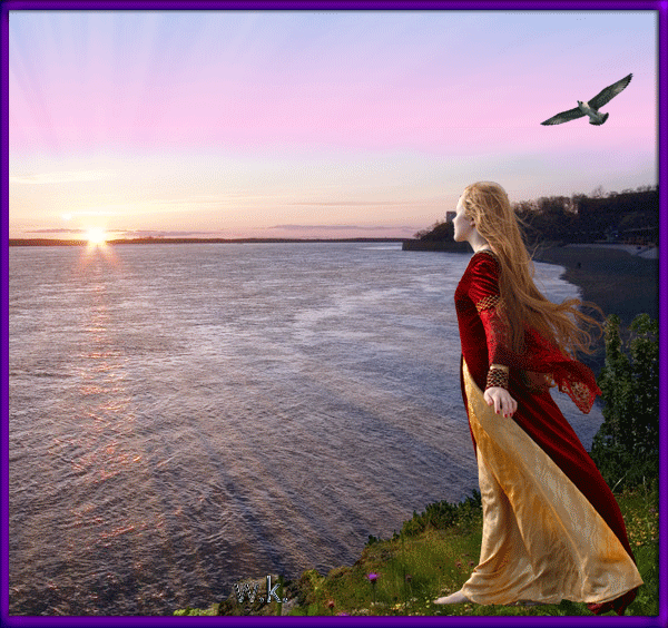 Красивая анимация, анимационная картинка, картинка, открытка, изображение девушки, красавицы от Валентины Козак W.K. Девушка стоит на скале и смотрит на море, солнце