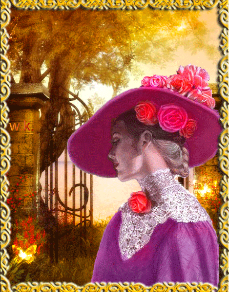 Красивая анимация, анимационная картинка, картинка, открытка, изображение девушки, красавицы от Валентины Козак W.K. Девушка в фиолетовом платье, в шляпе с цветами, бабочки, сад