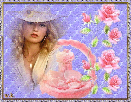 Красивая анимация, анимационная картинка, картинка, открытка, изображение девушки, красавицы от Валентины Козак W.K. Женщина в светлой шляпе, розовые розы