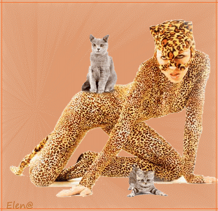 Красивая авторская анимационная картинка девушки Девушка в костюме леопарда, серая кошка и котенок от Елена Буянова