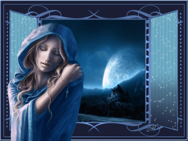 Красивая авторская анимационная картинка девушки Девушка в синем одеянии возле окна, замок, скалы от Милочка Иванова
