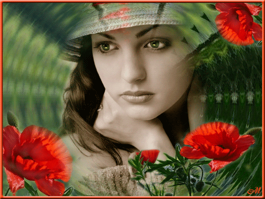 Красивая авторская анимационная картинка девушки Задумчивая зеленоглазая девушка, красные цветы от Милочка Иванова