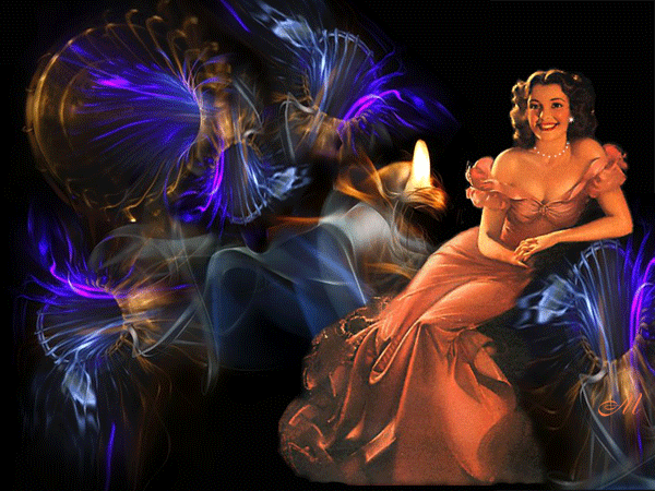 Красивая авторская анимационная картинка девушки Дама в длинном платье, синие цветы от Милочка Иванова