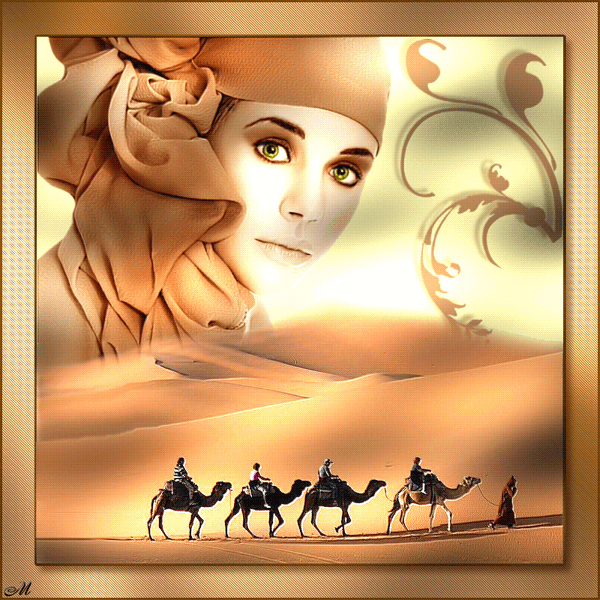 Красивая авторская анимационная картинка девушки Восточная красавица в бежевым платке, караван верблюдов в пустыне от Милочка Иванова