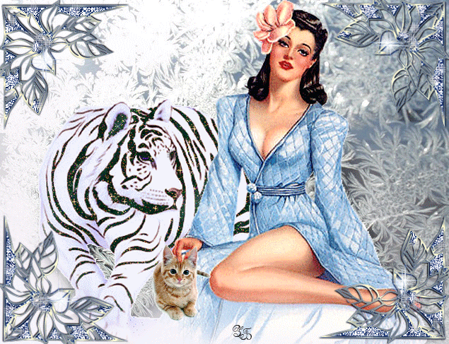  Красивая авторская анимационная картинка девушки Женщина в голубом платье, тигр, котенок от Зоя Березка