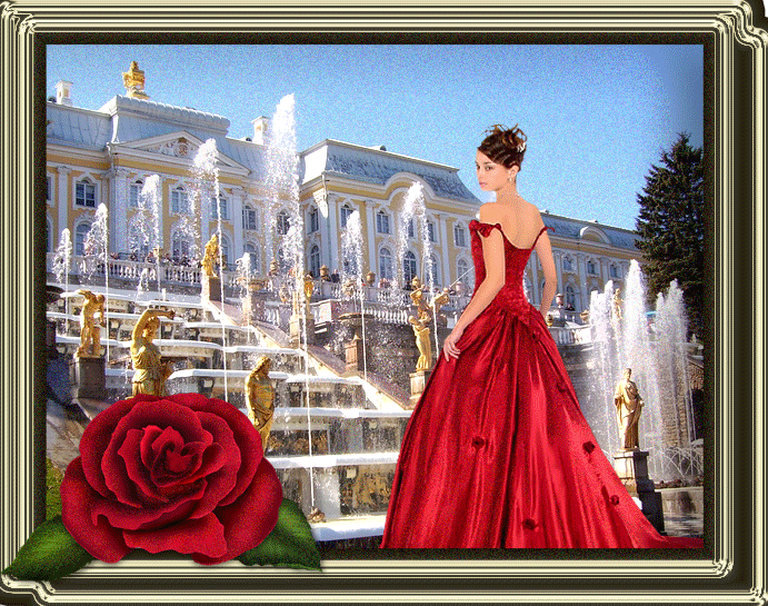  Красивая авторская анимационная картинка девушки Девушка в бальном красном платье, алая роза от Зоя Березка