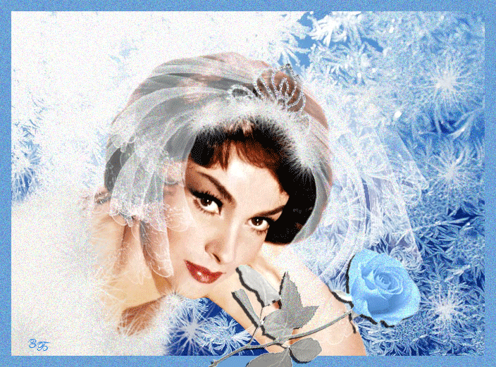  Красивая авторская анимационная картинка девушки Брюнетка с короткой стрижкой, голубая роза от Зоя Березка