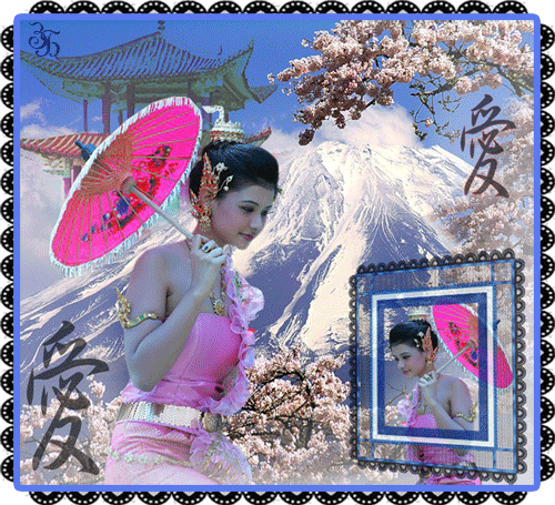  Красивая авторская анимационная картинка девушки Восточная темноволосая красавица с розовым зонтиком от Зоя Березка 