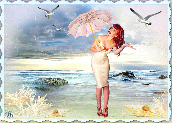 Девушка в белом платье держит зонтик, гуляет под дождем - Зоя Березка